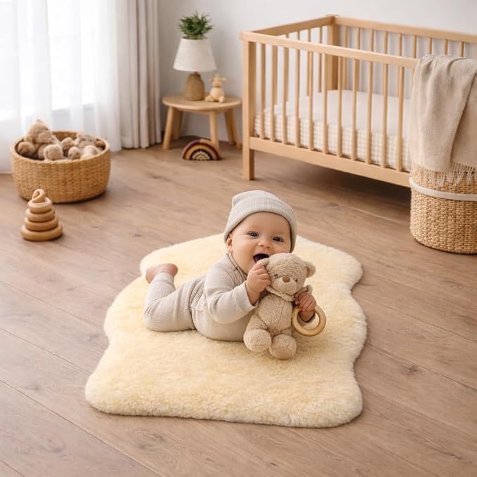 Premium Genuine Baby Sheepskin Rug – 100% Natural Soft Shorn Wool, Therapeutic Comfort for All Seasons, Cozy and Soothing for Nursery and Home – Made in Argentina