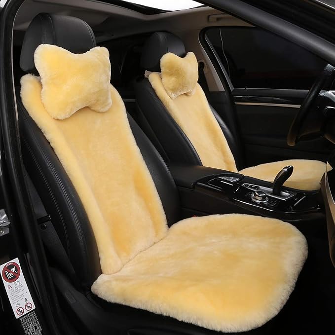 OGLAND Fluffy Cozy Fur Sheepskin Universal Car Seat Cover for Auto Fuzzy Seat Cushion Accessories Automobiles (3 Pack Front, Golden Yellow)