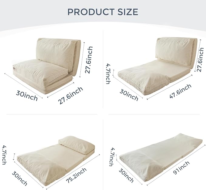 MAXYOYO Folding Sofa Bed, Floor Sofa Convertible Chair with Washable Cover, Floor Couch Lounge Bean Bag Chair Bed for Living Room, Beige, 30x91 Inch