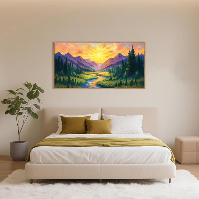 HPNIUB Boho Mountain Sunrise Framed Canvas Wall Art Set,Nature Colorful Wilderness Wall Decor,Abstract Landscape Art Print,Sunset Pine Tree River Artwork for Living Room, Bedroom,Dining Room,Office -20''x40''