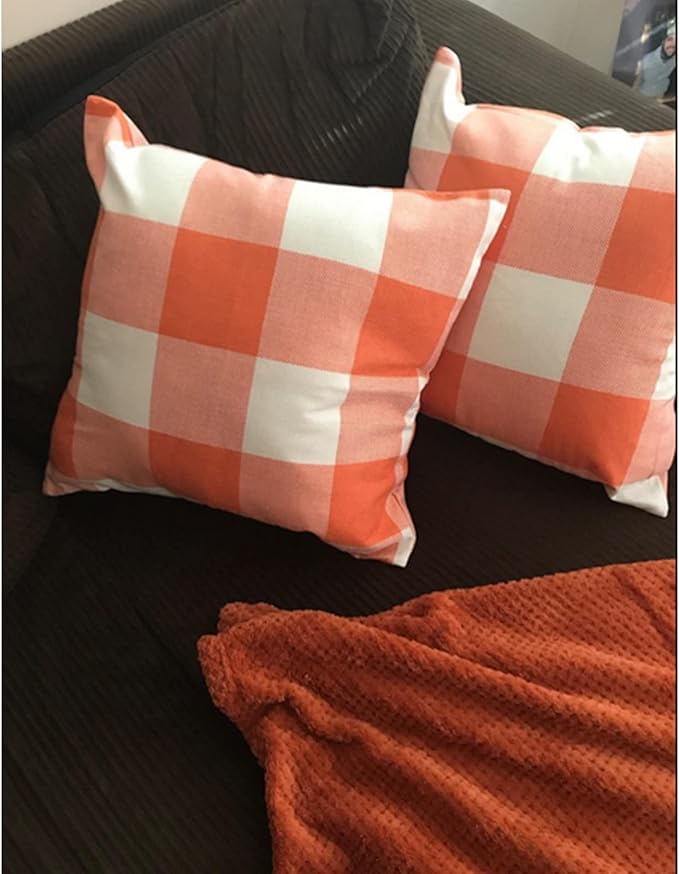Fall Orange Decor Throw Pillow Covers Outdoor 16x16 Set of 2 Thanksgiving Decorative Buffalo Plaid Checkers Rustic Cushion Cases Autumn Farmhouse Home Decor for Couch Bedroom Outdoor Decorations