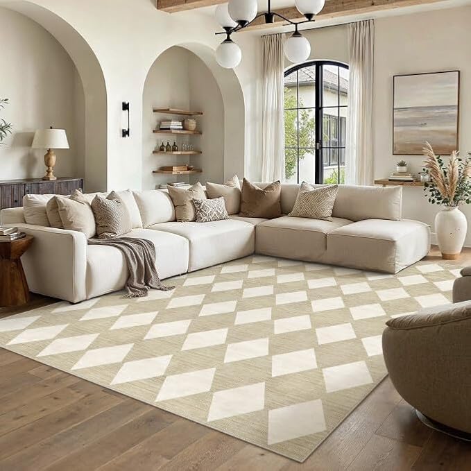 PureCozy Machine Washable Beige 10x12 Area Rugs for Living Room Modern Soft Large Checkered Rug Non-Slip Low Pile Accent Indoor Office Carpet for Bedroom Dining Room Nursery Classroom