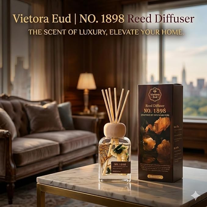 Luxury Hotel Scent Reed Diffuser 100ml (3.38oz) | No.1898 Hotel Collection Diffuser Oil Inspired by Ritz Carlton | Home, Bathroom & Office Decor | Long-Lasting Room Freshener Gift Set