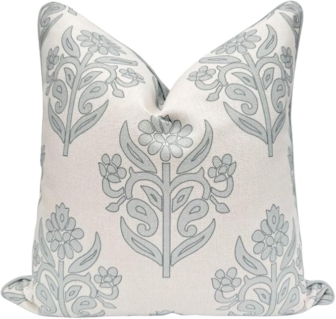 Jillien Harbor “The Naples” Floral Block Print Pillow Cover – Grey and White Blue Decorative Throw Pillow Cover – Grandmillennial Home Decor, 20" x 20"