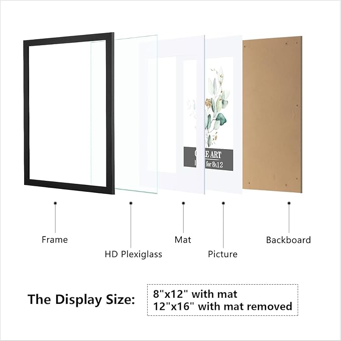 CORE ART 12x16 Frame, Black Picture Frames 8x12 with Mat or 12 x 16 without Mat, Wall Mount Gallery Poster Photo Frame, 2 Pack