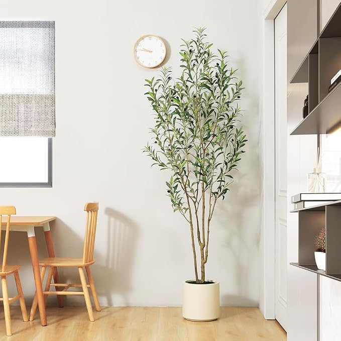LOMANTO Artificial Olive Trees, 7 ft Tall Fake Olive Trees for Indoor | Faux Olive Silk Tree with White Planter,Large Olive Plants for Home Decor and Housewarming Gift, 1 Pack