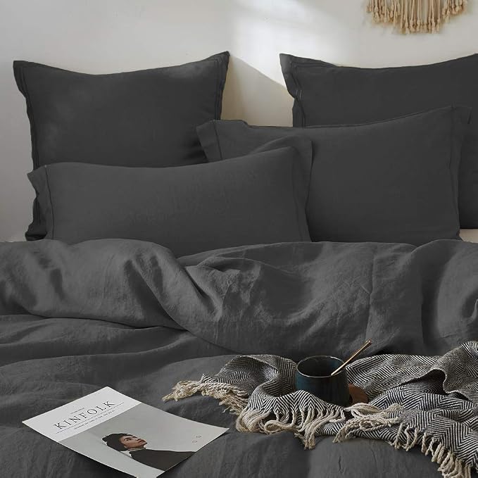 Simple&Opulence 100% French Linen Euro Shams with Embroidery (26'' x 26'') - Pack of 2 - Pre Washed Solid Color Natural Flax Soft Breathable - Dark Grey