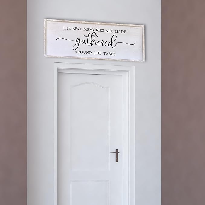 The Best Memories Are Made Gathered Around The Table Wall Decor 40"x15" Large Rustic Farmhouse Dining Room Wood Framed Modren Signs Kitchen Home Simple Hanging Wall Art (White)