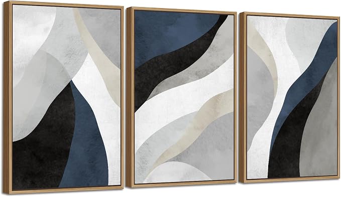 Large Abstract Framed Wall Art - Canvas Wall Art Pictures Prints for Living Room Decor Natural Float Framed Artwork for Bedroom Kitchen Home Office Decoration 48" X 24" Set of 3 Blue Grey