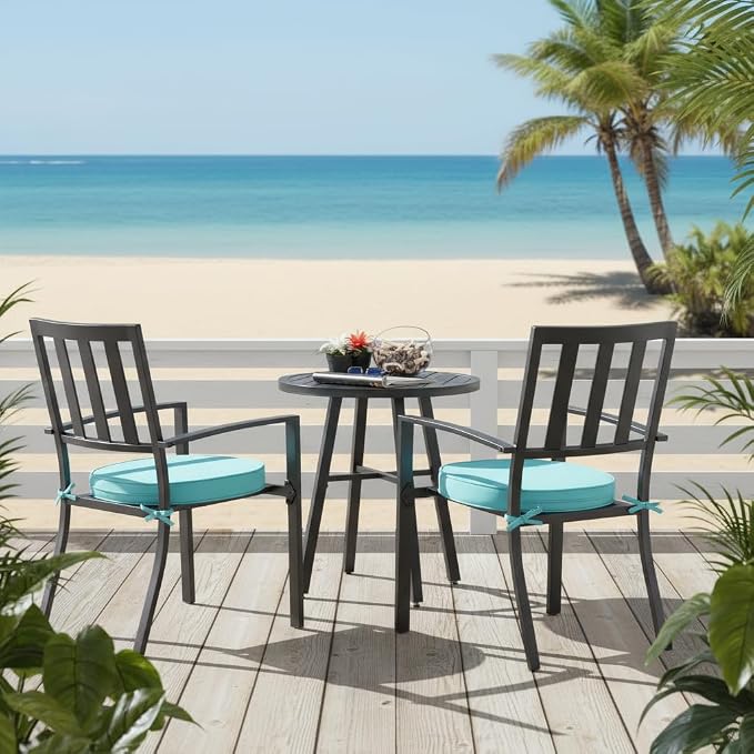 Set of 2 Outdoor 18 inch Round Patio Dining Chair Pads – Comfortable Fiber-Filled Seat Cushions with Ties, Reversible Polyester Fabric, Teal
