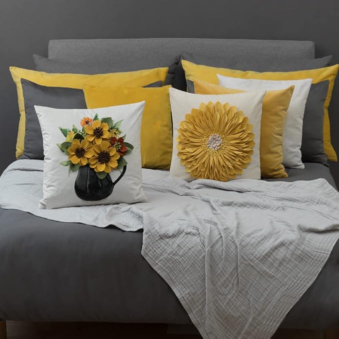 OiseauVoler 3D Sunflowers Handmade Throw Pillow Covers Decorative Pillowcases Cushion Covers for Bed Living Room Farmhouse Decor Yellow 18x18 Inches