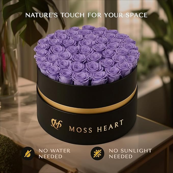 50 Petite Preserved Roses, Designer Round Box, Real Forever Roses Last 1+ Year, Premium Gift for Women, Wife, Girlfriend, Mother’s Day, Birthday, Anniversary, Valentine’s Day