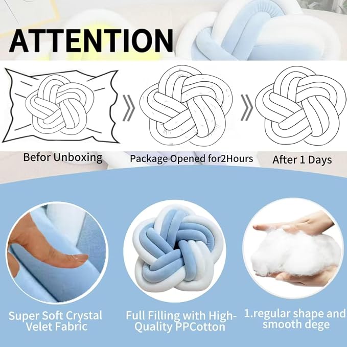 2Pcs Knot Pillow Ball，Soft Home Decorative Round Throw Pillow，Handmade Knotted Plush Pillow，Star-Shaped Round Boucle Pillow Cushion (Blue)