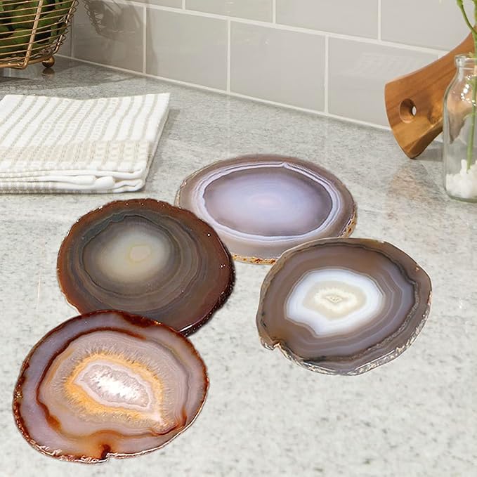 Natural Agate Coasters Set of 4, Brown Geode Stone Slices 4-5" for Coffee Mugs & Whiskey Glasses, Crystal Stone Table Decor with Rubber Bumpers