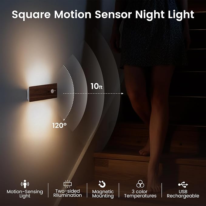 Wooden Motion Sensor Night Light, LED Backlit Nightlight, Rechargeable Light with Two-Sided Glow for Decor, Magnetic Stick-on, 3CCT Dimmable Lights for Hallway, Bedroom, Stairs