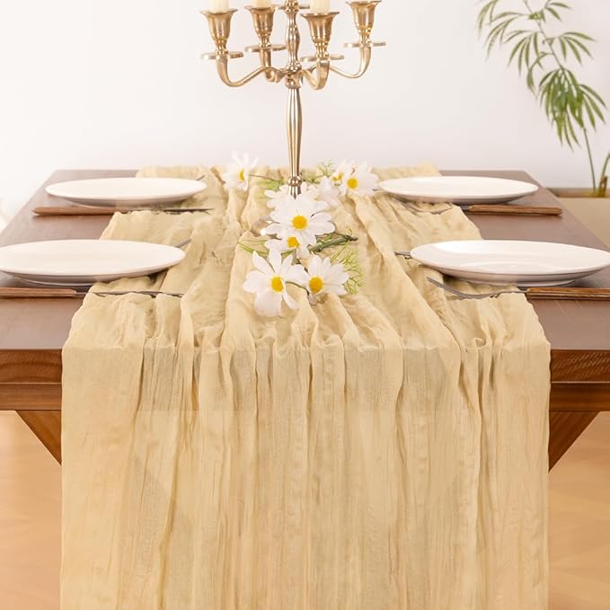 Socomi 6pcs Gold Champagne Cheesecloth Table Runner Easter Spring Boho Rustic Gauze 120 inch 10FT Cheese Cloth Runner for Wedding Party Baby Shower Birthday Home Decor Holiday Decorations