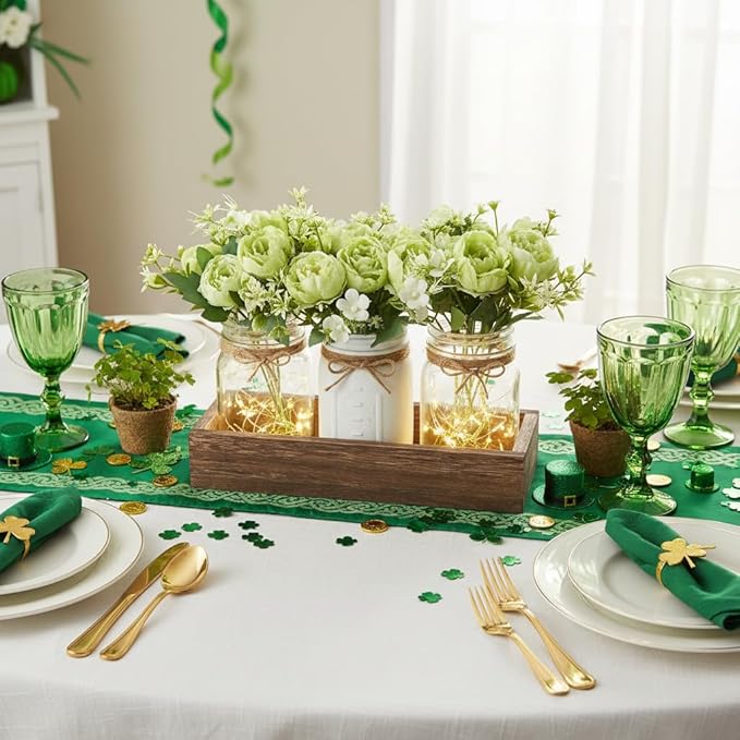 Mkono Mason Jar Lights Centerpiece Table Decorations for Dining Room Farmhouse Coffee Table Decor, Wood Tray with 3 Jars Flowers for St. Patrick's Day, Easter, Spring Home Decor