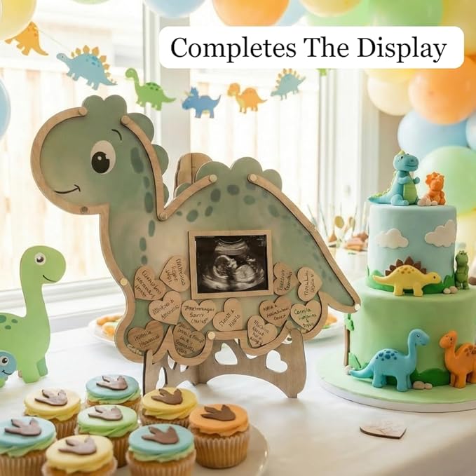 Dinosaur Guest Book Alternative Keepsake Frame - Baby Shower - Birthdays - Gender Reveal - Decorations - Premium Wooden Shadow Box Nursery Decorations - Gift Idea - Wooden Tokens and Token Sign Box Included - OneASaurus Theme (Green)