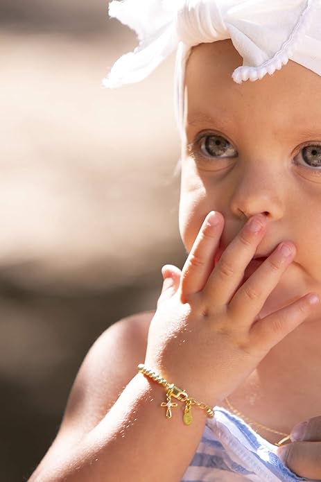 Cherished Moments Girl's 14K Gold-plated Stackable Bracelet with Cross Charm for Girls Baptism, Christening, First Communion and Keepsake Gift