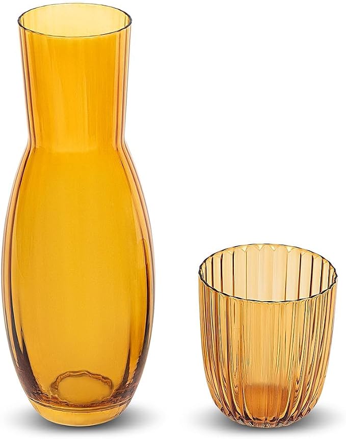 American Atelier 40 oz Bedside Water Carafe with Tumbler – 10.63" Ribbed 2-Piece Glass Set, Pitcher with Cup Lid for Nightstand, Guest Room, Office, Durable & Elegant Drinkware (Amber) (Pack of 2)