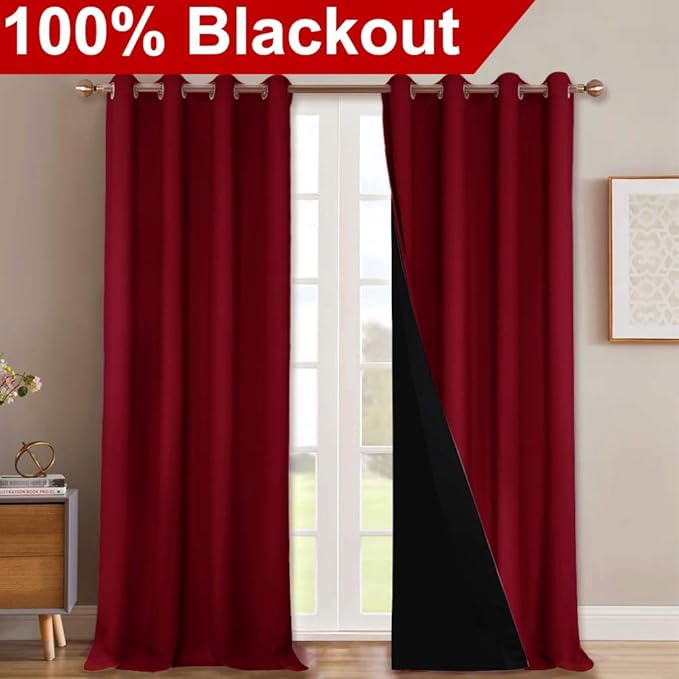 NICETOWN 100% Blackout Curtains with Black Liner Backing, Thermal Insulated Curtains for Living Room, Noise Reducing Drapes for Christmas, Burgundy Red, 52" x 102" Per Panel, Set of 2
