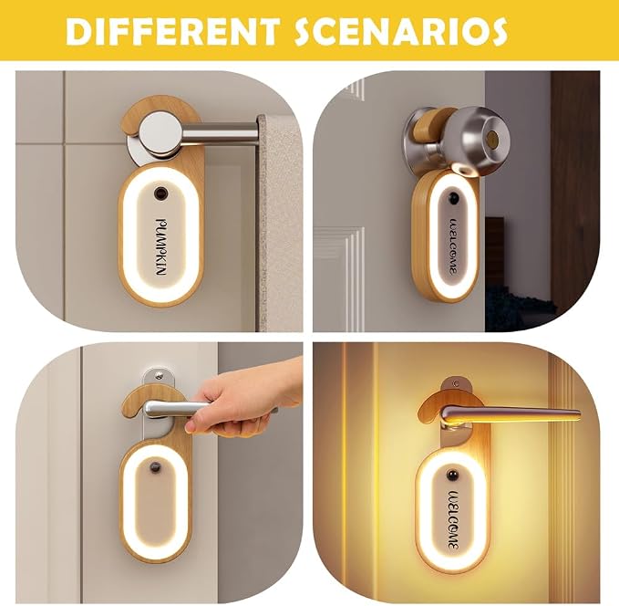 2-Pack Hotel Door Sign Night Light with Motion Sensor, Reusable Message Board Doorknob Lamp, Wooden Finish LED Light for Bedroom Bathroom, Rechargeable Hook Design, Ideal for Multiple Rooms