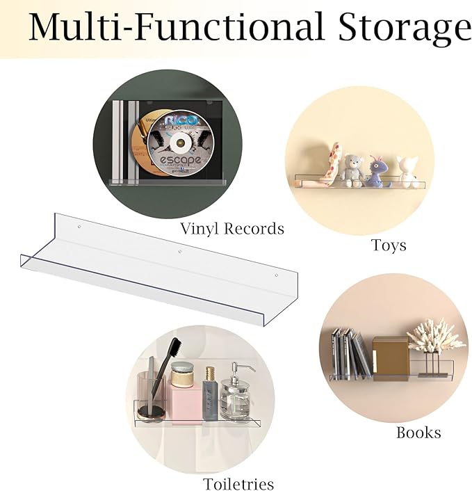 RLAVBL 5 Pack Acrylic Shelves, 15" Floating Wall Shelves for Bedroom, Living Room, Bathroom, Kitchen Storage
