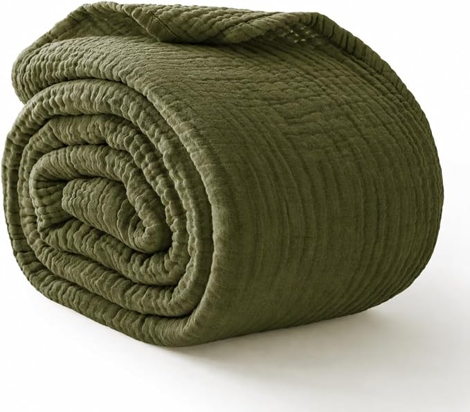 100% Cotton Muslin Blanket Queen 90" x 90", Breathable and Lightweight Cotton Throw Blanket for Bed, Soft Cooling Summer Gauze Blanket for Adults All Season, Olive Green