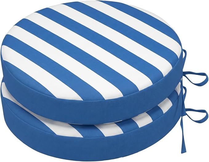 SK Studio Round Outdoor Chair Cushions for Patio Furniture, Set of 2 Waterproof Patio Chair Cushion with Adjustable Ties for Garden Sofa Couch, Blue Stripe, 17"x17"x3"