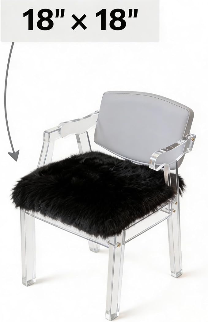 Sheepskin Chair Cushion Non-Slip Back Square Genuine Fur Chair Cover Silky Natural Wool Seat Cushion Pad Soft Area Rugs Carpet for Home Office Restaurant Chair 18x18 Inch (Pack of 2), Inky Black