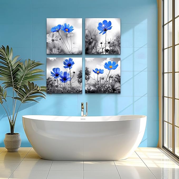 wall art for living room Black and White cyan blue flower Big Canvas Prints Wall Decor Artwork 16" x 16" 4 Pieces Framed Black Border Ready to Hang for bedroom kitchen Home Decoration withoffice