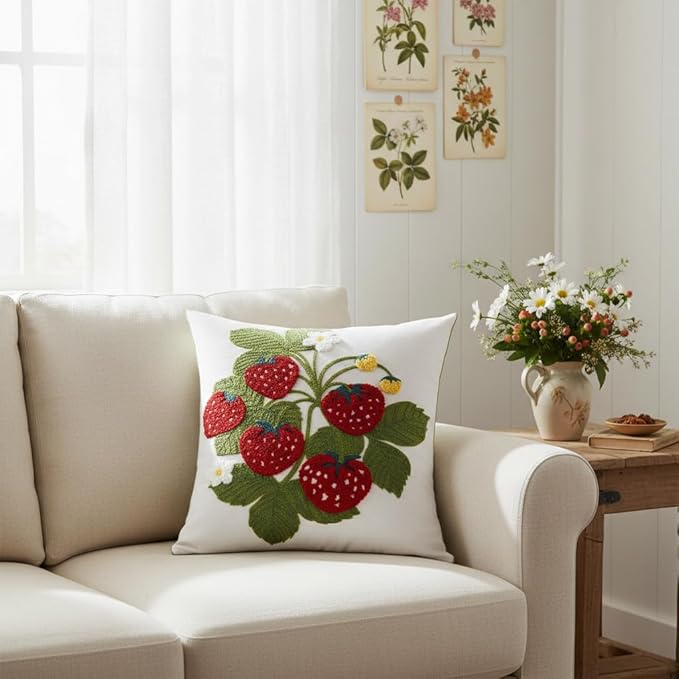 Embroidered Throw Pillow Covers 18x18 inch Pack of 2 Red Strawberry with Green Leaves Floral Pillowcases Farmhouse Pillow Cushion Cases Spring Summer Home Decor for Sofa Bed Living Room