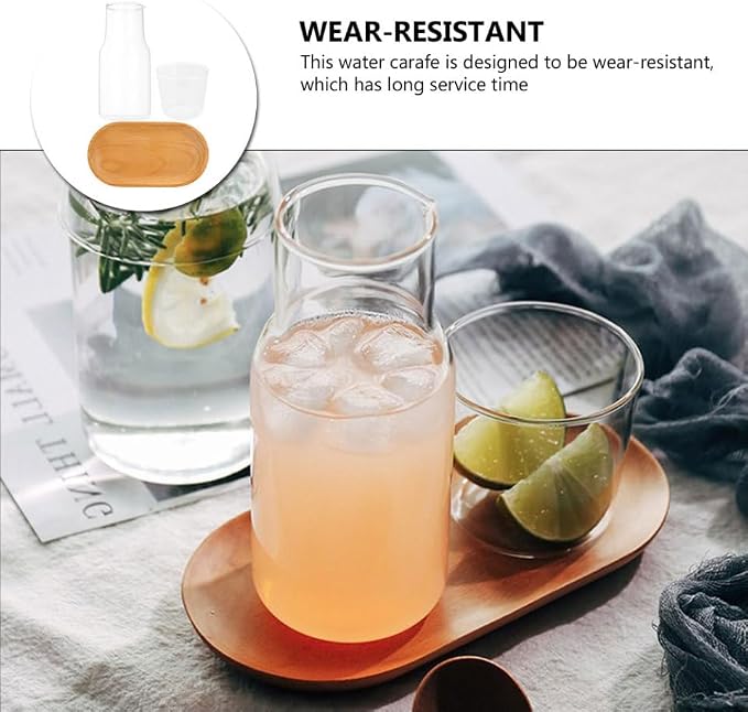 PRETYZOOM Bedside Carafe with Cup and Tray Transparent Glass Water Carafe Set for Nightstand Bedroom or Bathroom 16 Oz Drinking for Water Tea and Mouthwash
