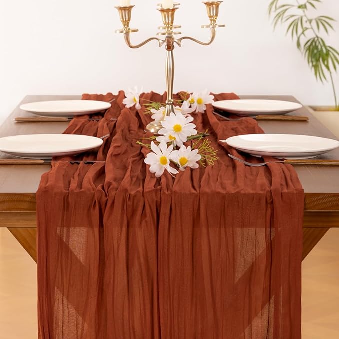 Socomi 3pcs Terracotta Easter Spring Cheesecloth Table Runner Boho Rustic Gauze 120 inch 10FT Cheese Cloth Runner for Wedding Party Baby Shower Birthday Home Decor Holiday Decorations