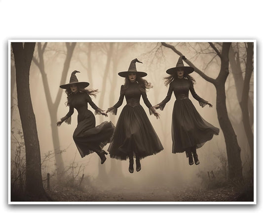 JFHCQJPK Three ghost witches flying in vintage forest gothic wall art witchcraft decoration holiday gift canvas wall art print24x36in Frameless