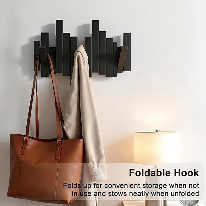 Modern Wooden Coat Rack, key holder wall mount– Handmade Solid Walnut Flip Hook Rack with Hidden Mount, Decorative Entryway Wall Hooks for Coats, Bags & Hats, Space-Saving Design (Black, 3Hooks)