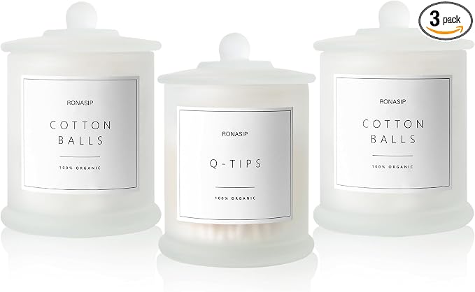 Ronasip 3 Pack Qtip Holder Dispenser, 16oz Bathroom Organizer and Storage Canisters, Glass Apothecary Jars with Lid - Home Decor, Room Decor Aesthetic (Frosted White)