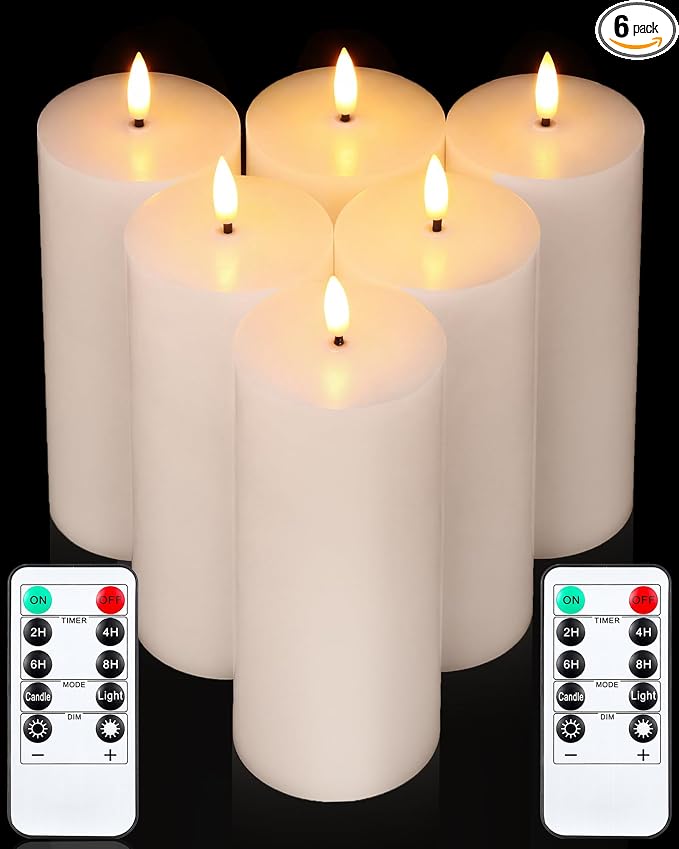 VIHOSE 6 Pack White Flameless Candles Set with Remote and Timer Flickering Flameless Battery Candles LED Pillar Flat Top for Wedding Outdoor Home Festival Decoration(D 3" H 7")
