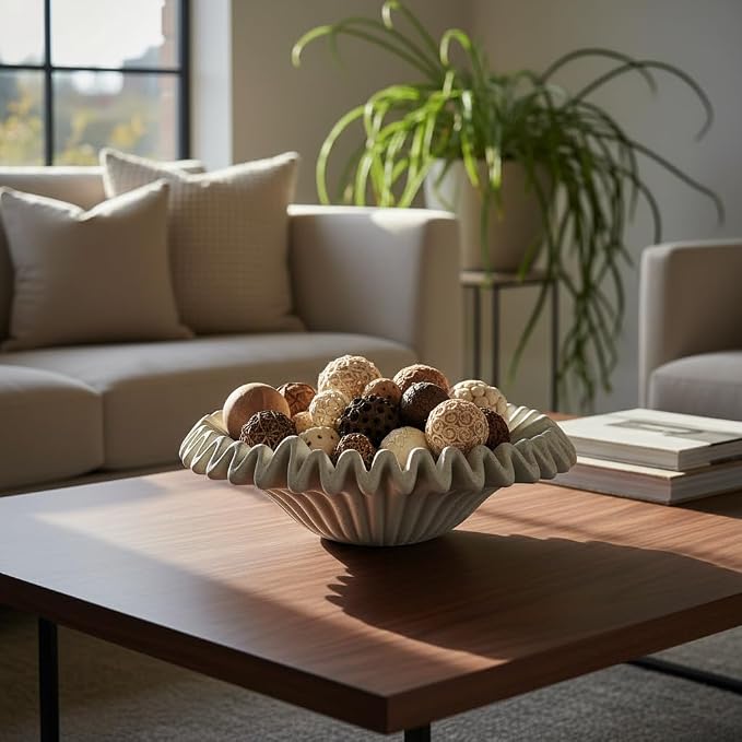 Large Decorative Bowl decor, Scalloped Pedestal Bowls for Modern Home Decor,Ruffle Decor,Stylish Key Bowl for Entry Table,Decorative Fruit Bowl for Kitchen Counter,Light Gray