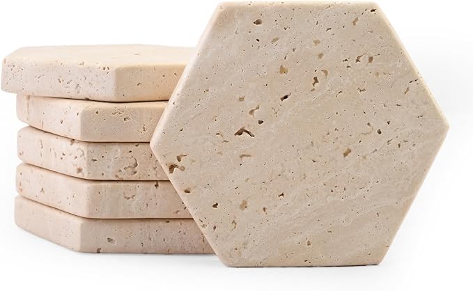 Perilla Home Handcrafted 3-4" Travertine Coaster - Set of 6 Hexagon Coaster for Home, Kitchen or Office,Natural Absorbent Coasters for Hot & Cold Beverages Perfect Table Accessories for Modern Living