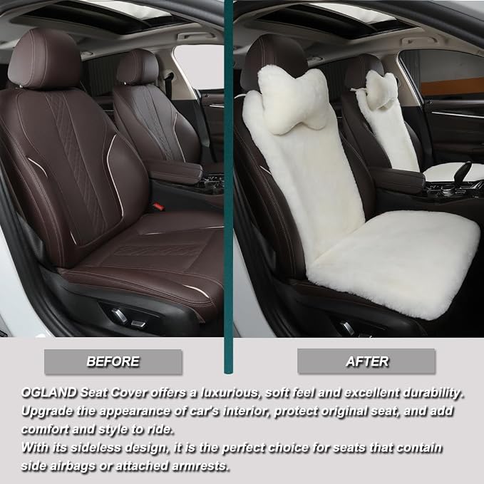 OGLAND Fuzzy Fluffy Fur Sheepskin Car Seat Covers for Universal Auto Seat Cushion Auto Accessories, for 1 Front Seat(3 Pack Front, White)