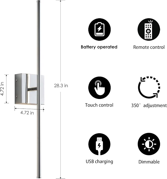 KARTOOSH 28.3 Inch Wall Sconces Battery Operated for Living Room Chrome | Rechargeable Wireless Wall Lamp Set of 2, 3000K Warm White Dimmable Wall Light Remote Control Indoor Lighting for Bedroom