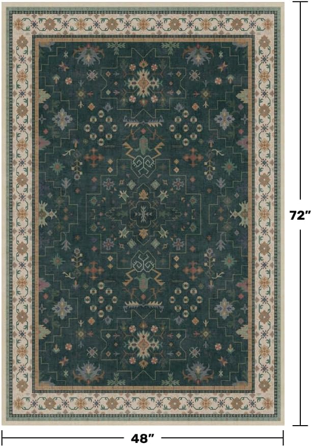 Hazo Haus Dark Green 4x6 Living Room Rug - Modern Vintage Boho Floral Forest, Washable Low Pile Non-Slip Area Rugs for Door Mat Entrance, Mudroom, Kitchen, Bedroom Beside Bed, Office