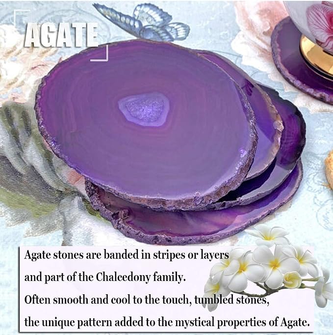 Natural Agate Coasters Set of 4, Dyed Purple 3-3.5" Geode Slices for Small Cups & Glassware, Unique Crystal Stone Decor with Rubber Bumpers