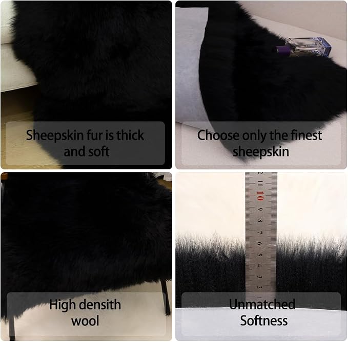 Sheepskin Rug, Fluffy Shag Area Rug, Super Soft 24” x 72“ Sheepskin Hair Rug, Inky Black Pile Rug, Decorative Throw Rugs for Bedrooms, Children's Rooms, Living Rooms (Inky Black, 24" x 72")
