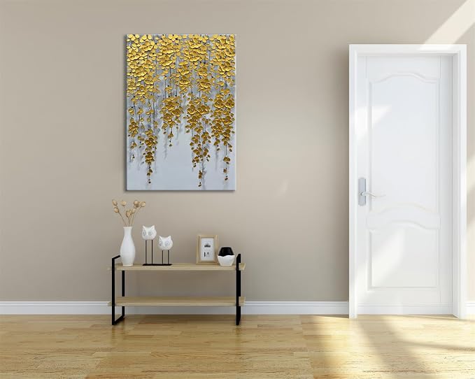 zoinart 3D Modern Oil Painting on Canvas Hand Painted Abstract Flower Paintings Gold Floral Artwork Texture Vertical Canvas Wall Art Contemporary Art