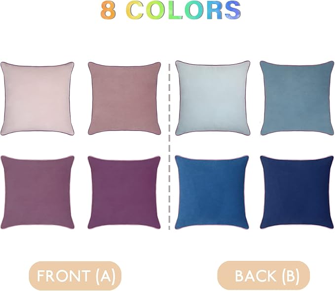 Btyrle 8-Colors Velvet Throw Pillow Covers 20x20 Inch Set of 4 Decorative Blue Purple Pillowcases Modern Double-Colored Cushion Covers for Sofa Couch