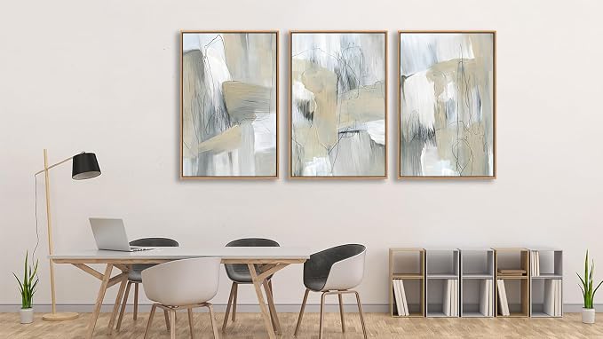 Large Framed Abstract Wall Art for Living Room Decor, Beige, 24X36inX3pcs, Neutral Abstract Painting Artwork Wall Picture, Modern Wabi-sabi Canvas Art Prints for Bedroom Bathroom Office Home