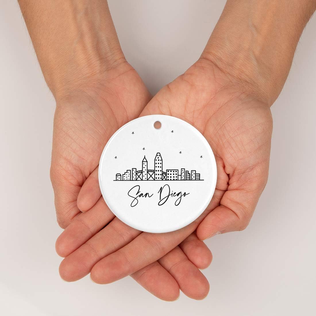 Andaz Press Round Ceramic Porcelain Christmas Tree Ornament Keepsake, San Diego Black and White Stars City Skyline Graphic, 1-Pack, Birthday Gift Idea for Family, Coworker, Him, Her, Includes Gift Box