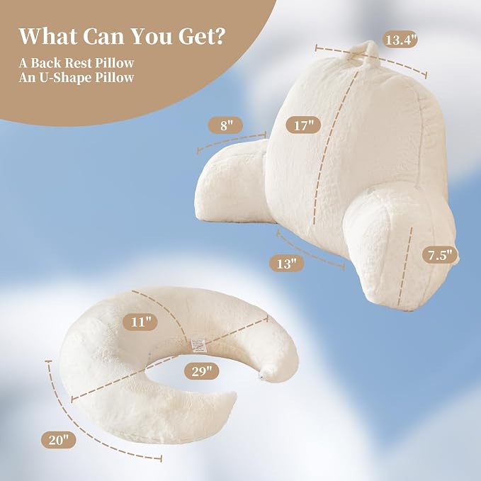 17" Reading Pillow for Bed,U Shaped Arm & Elbow Support,White Faux Fur | Backrest Supports Back,U Shaped Lap Pillow Cushions Arms,Elbows & Wrists,Plush Faux Fur for Reading,Gaming,Watching TV
